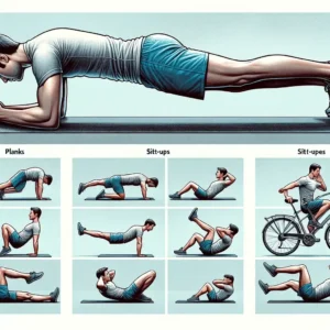 Demonstrations of planks, sit-ups, and bicycle crunches
