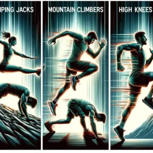 Dynamic action shots of jumping jacks, mountain climbers, and high knees