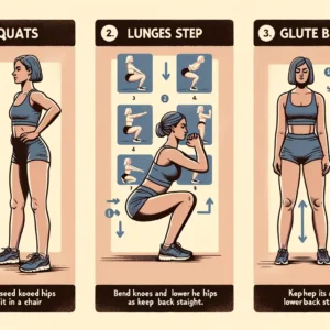 Step-by-step instructions for squats, lunges, and glute bridges